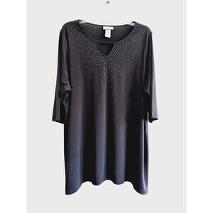 Catherine's Woman's Black Rhinestone Top Size 14/16WP 3/4 Sleeve Minimal Modern